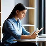 A person of indeterminate gender, fully clothed in a professional, modest business casual outfit, sits intently at a clean, modern desk. They are focused on a publication, perhaps a book or tablet, in a well-lit contemporary study space with bookshelves in the background. The lighting is soft and inviting, emphasizing a serene and focused atmosphere. The image should convey deep concentration and the pursuit of knowledge. safe for work, appropriate content, fully clothed, professional, modest clothing, appropriate attire, perfect anatomy, correct proportions, natural pose, well-formed hands, proper finger count, natural body proportions, professional photography, high quality, ultra detail, 8k.