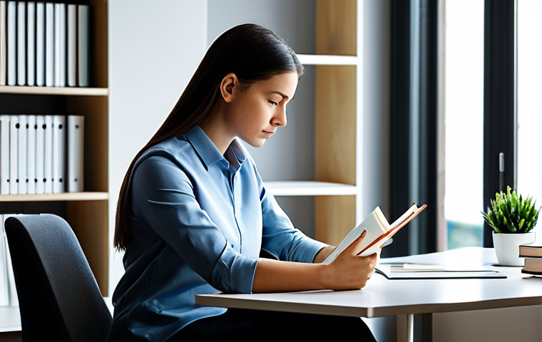 A person of indeterminate gender, fully clothed in a professional, modest business casual outfit, sits intently at a clean, modern desk. They are focused on a publication, perhaps a book or tablet, in a well-lit contemporary study space with bookshelves in the background. The lighting is soft and inviting, emphasizing a serene and focused atmosphere. The image should convey deep concentration and the pursuit of knowledge. safe for work, appropriate content, fully clothed, professional, modest clothing, appropriate attire, perfect anatomy, correct proportions, natural pose, well-formed hands, proper finger count, natural body proportions, professional photography, high quality, ultra detail, 8k.
