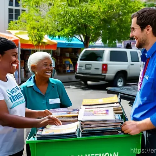 Home 1 여호와의 증인 전도 전략 - **A Diverse Group of Volunteers Engaging in Public Witnessing with a Literature Cart in a Bustling U...