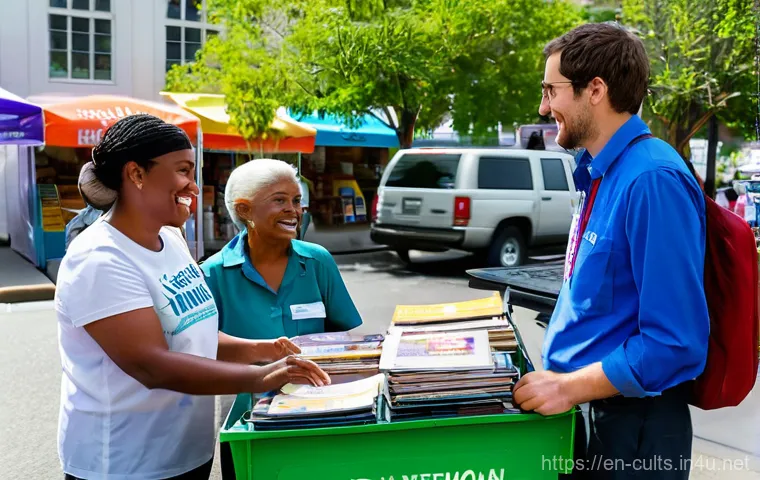 여호와의 증인 전도 전략 - **A Diverse Group of Volunteers Engaging in Public Witnessing with a Literature Cart in a Bustling U...