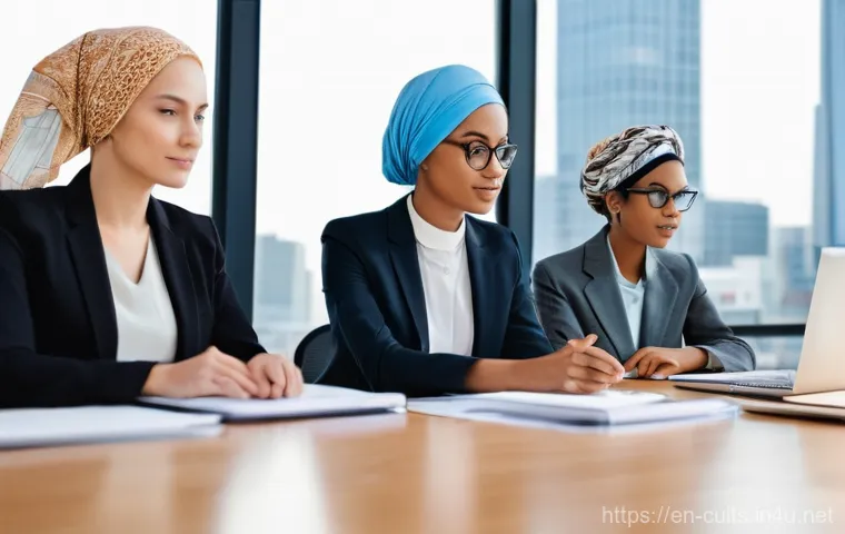 종교적 자유와 법적 한계 - **Prompt 1: Diverse Workplace Harmony**
"A modern, brightly lit office environment with a divers...