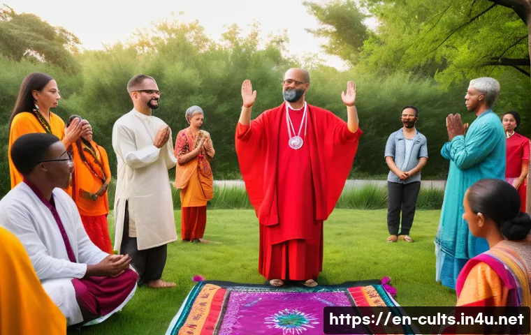 이단 연구 단체와 학문적 기여 - A diverse group of people gathered in a serene outdoor setting, participating in a collective spirit...