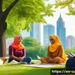 종교와 사회적 갈등 - A detailed, vibrant scene depicting an interfaith community dialogue in a modern urban park during d...