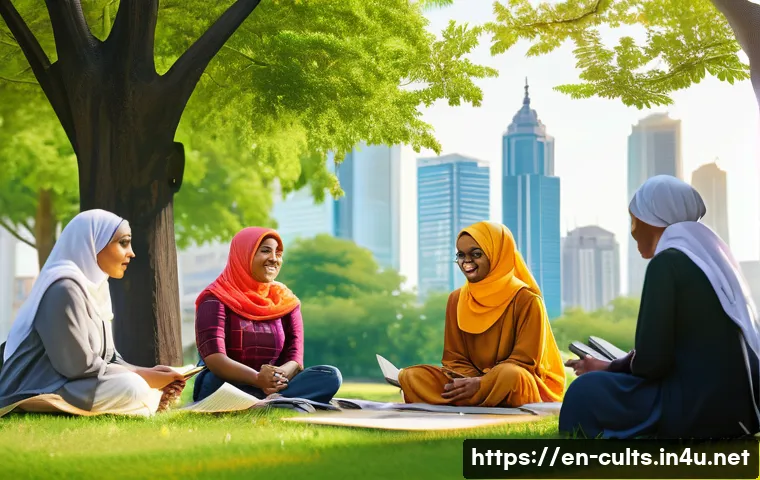 종교와 사회적 갈등 - A detailed, vibrant scene depicting an interfaith community dialogue in a modern urban park during d...