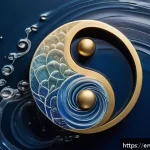 대순진리회의 주요 상징물 - A serene and harmonious spiritual scene featuring a balanced yin-yang symbol composed of contrasting...