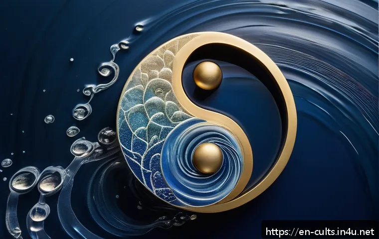 대순진리회의 주요 상징물 - A serene and harmonious spiritual scene featuring a balanced yin-yang symbol composed of contrasting...