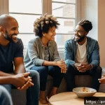 신천지 신도들의 심리적 상태 - A diverse group of adults in casual modern clothing sitting in a cozy, warmly lit community room, en...