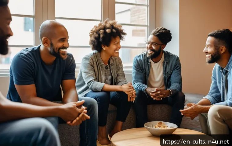 신천지 신도들의 심리적 상태 - A diverse group of adults in casual modern clothing sitting in a cozy, warmly lit community room, en...