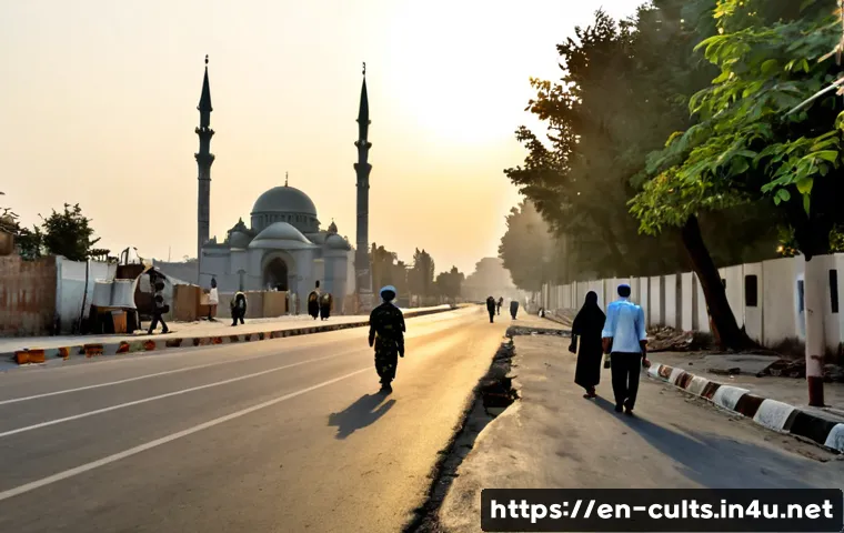 종교 전쟁의 현대적 사례 - Photorealistic modern conflict-zone city street at dawn, a damaged mosque dome and church bell tower...